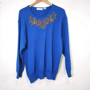 Vintage Liz Claiborne Sweater Beaded Blue Size 1 Wool Blend Crewneck Longsleeve